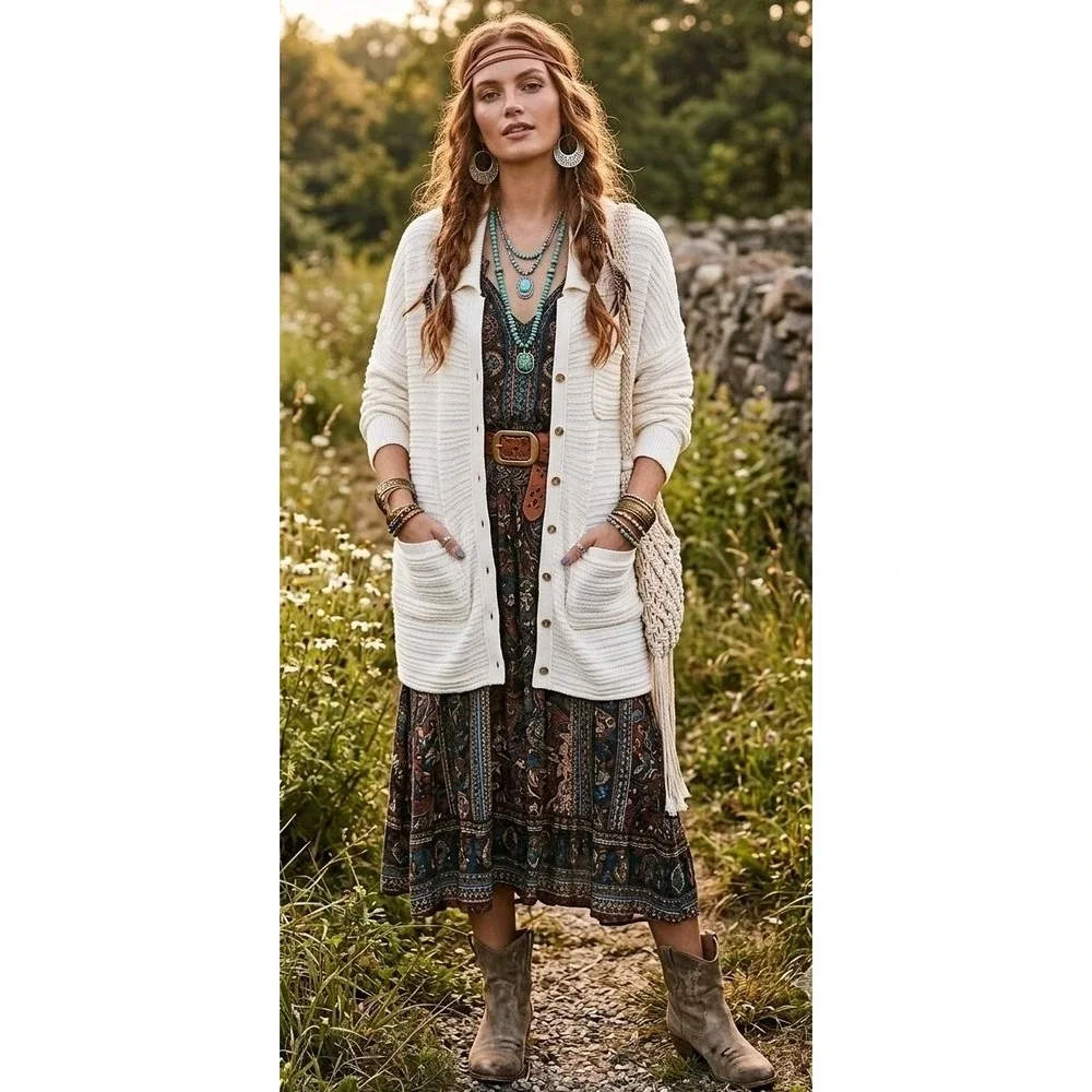 FP Beach Free People Day Dreaming Button Up Sweater Cardigan XL White Cream